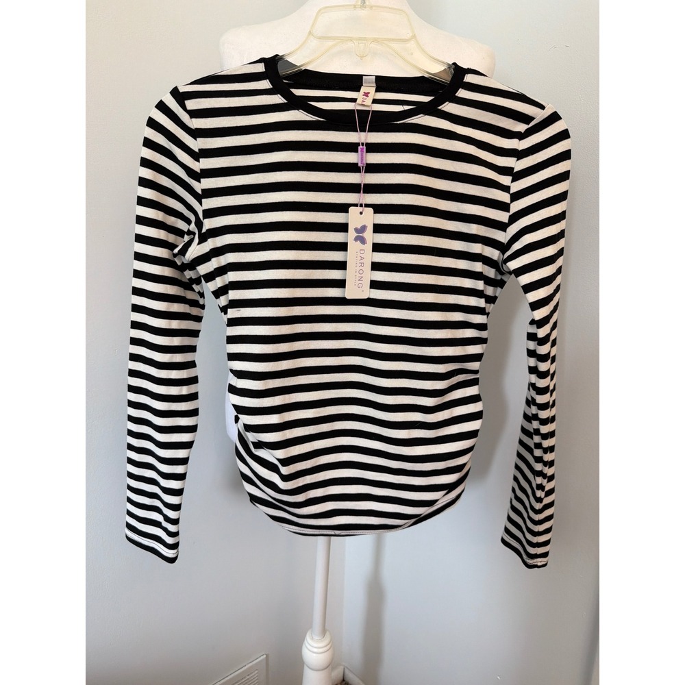 Darong Womens Black White Striped Long Sleeve Ruched Side Crew Neck Top Size M